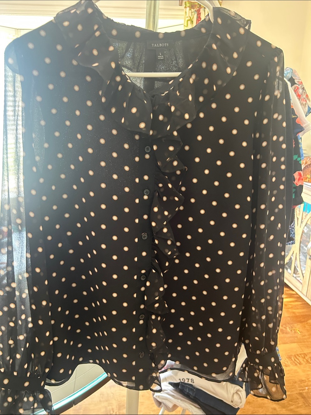 Talbots Black Polka Dot Ruffle Button-Front Blouse